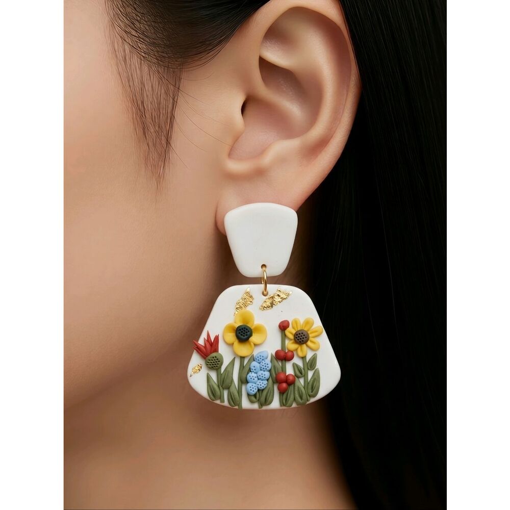 Floral Garden Polymer Clay Earrings Gold Foil Dangle Jewelry Summer Artsy Glam